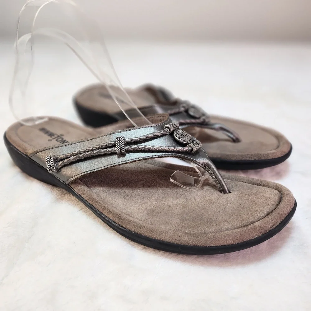 Minnetonka Silverthorne 360 Pewter Leather Boho Sandals Womens 10 Comfort Thong